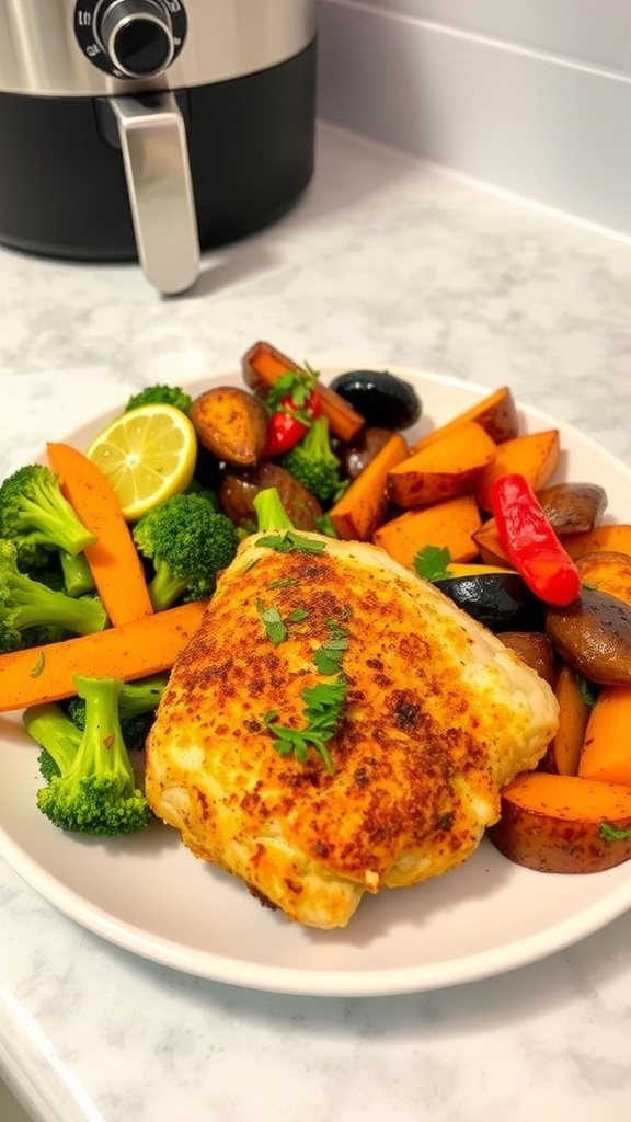 Quick Healthy Air Fryer Meals A healthy air-fried chicken dish with roasted vegetables, garnished with herbs and lemon.